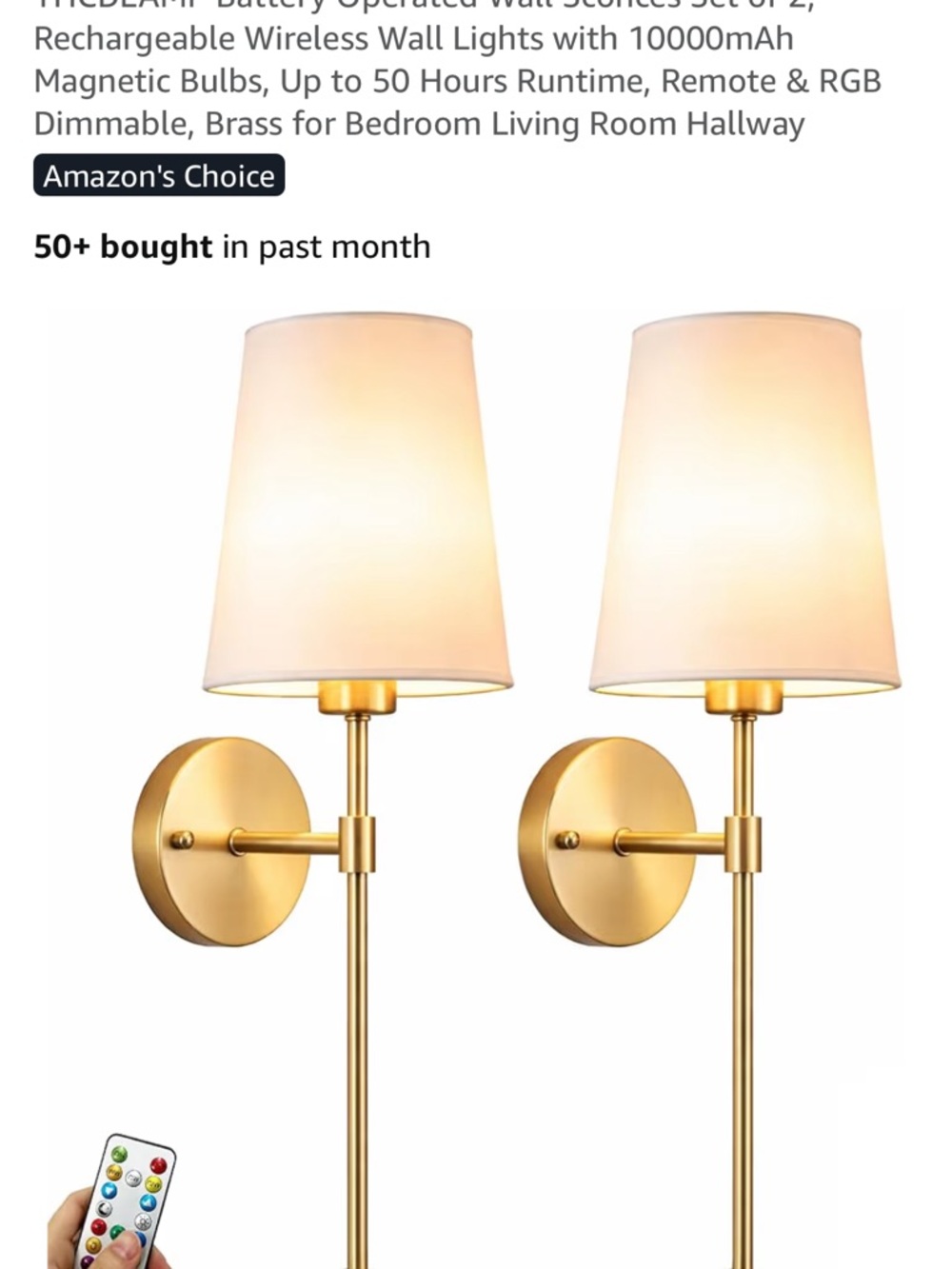 Battery Powered Brass Wall Sconce Pair with White Fabric Shades Remote Control